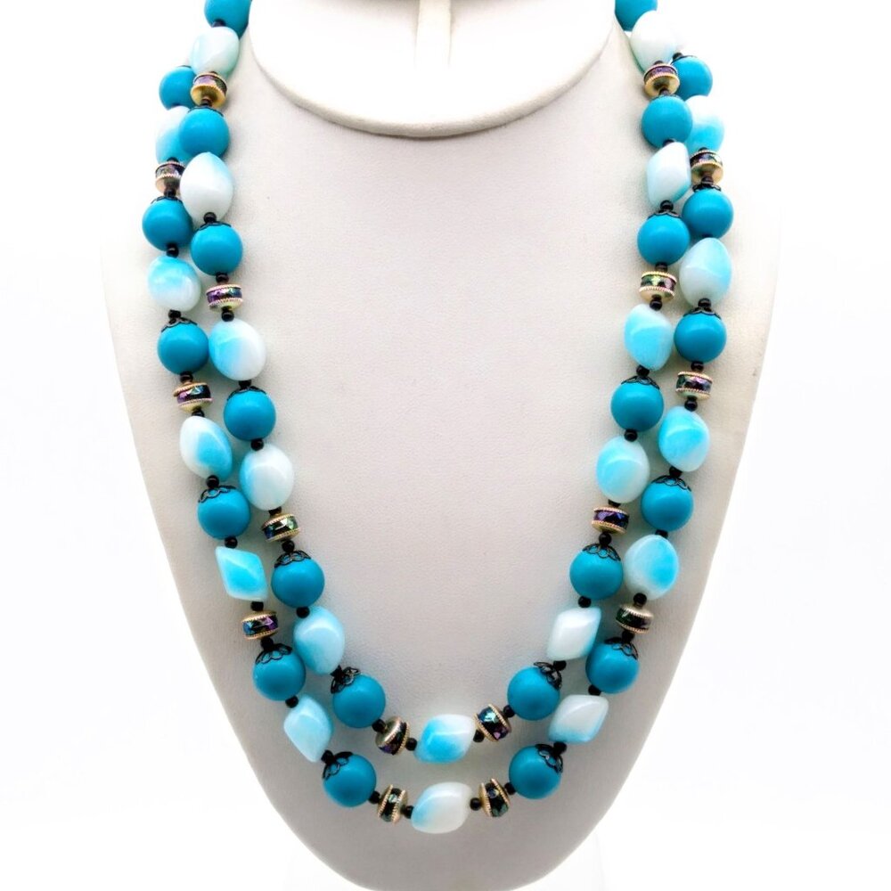 Double Strand Blue and Black Necklace, Mid Century Vintage, Funky Plastic Beads
